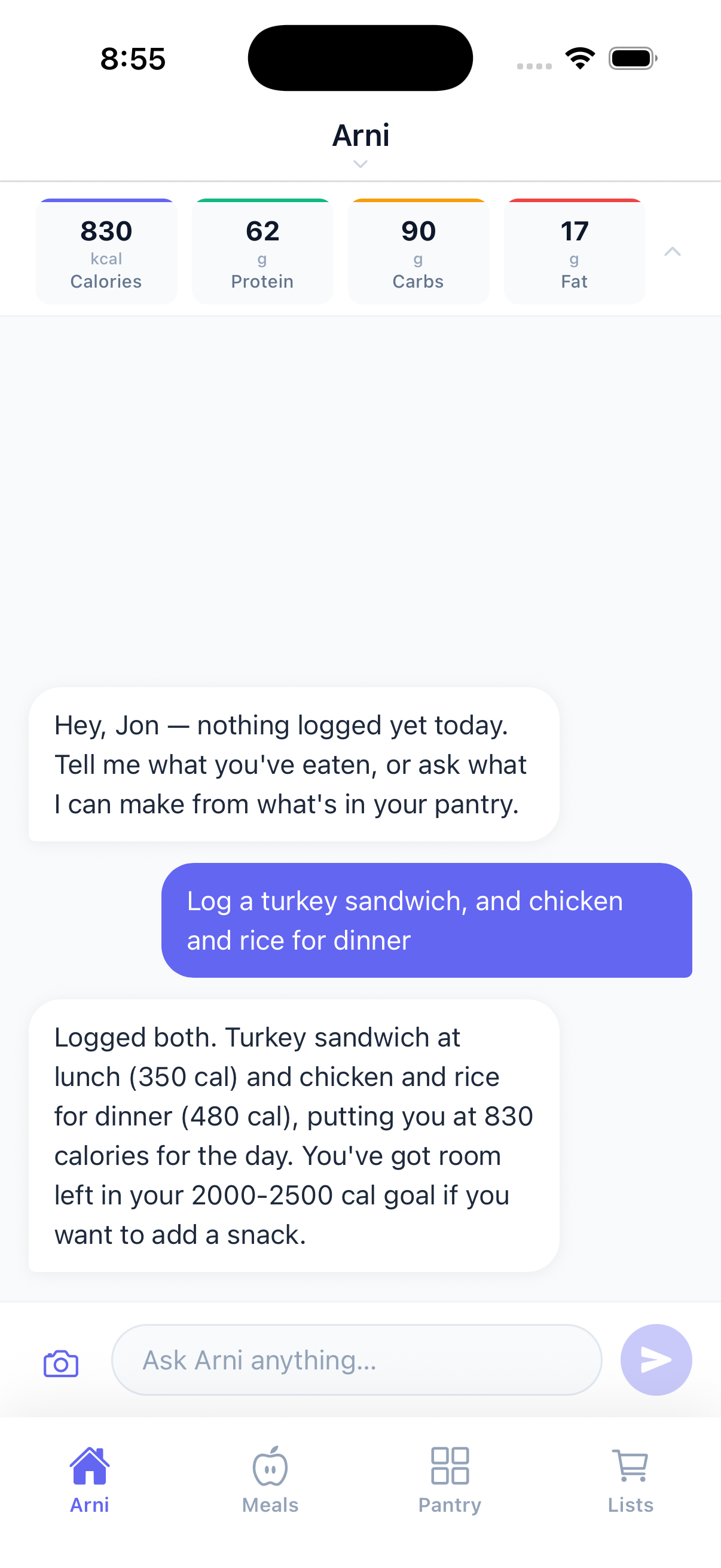 Arni chat — log meals and get suggestions
