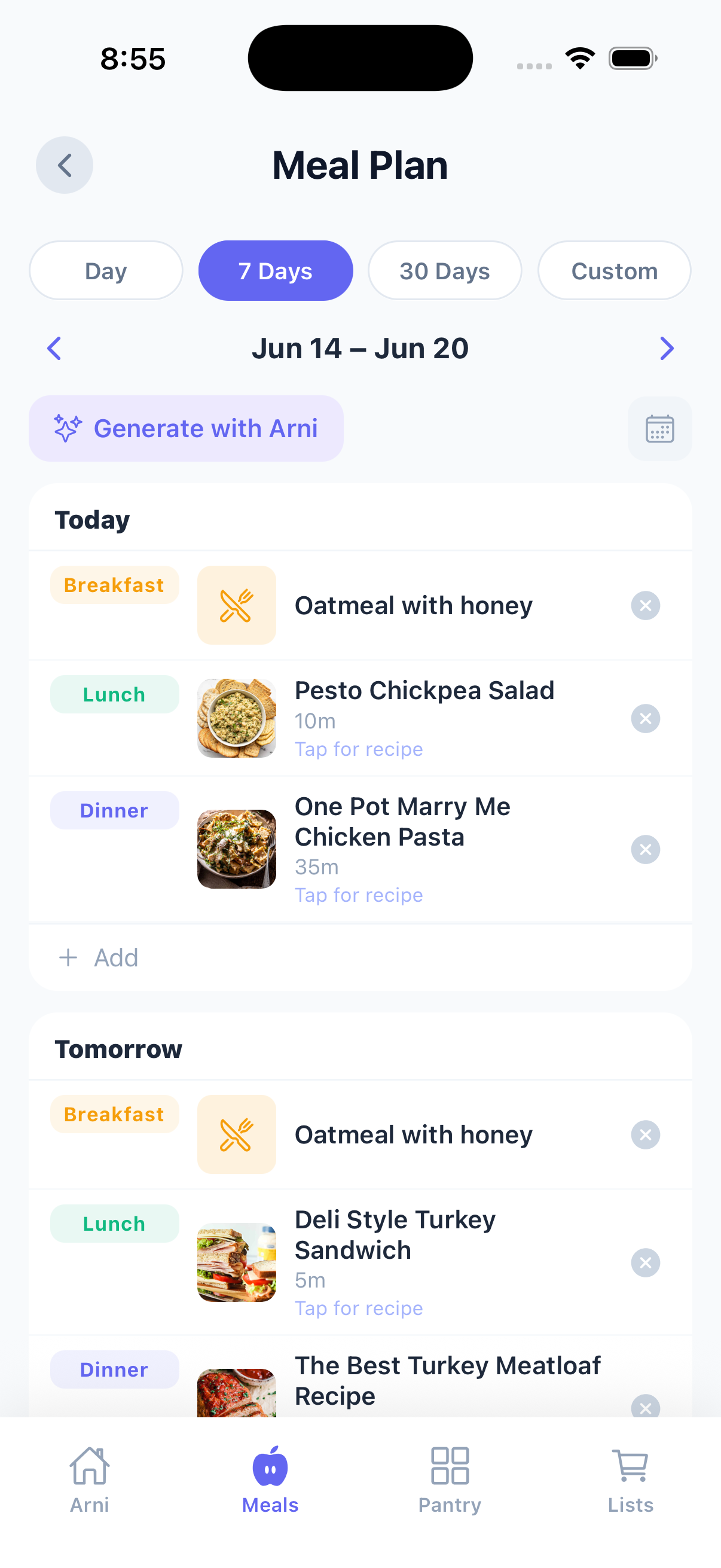 Meal plan generated by Arni