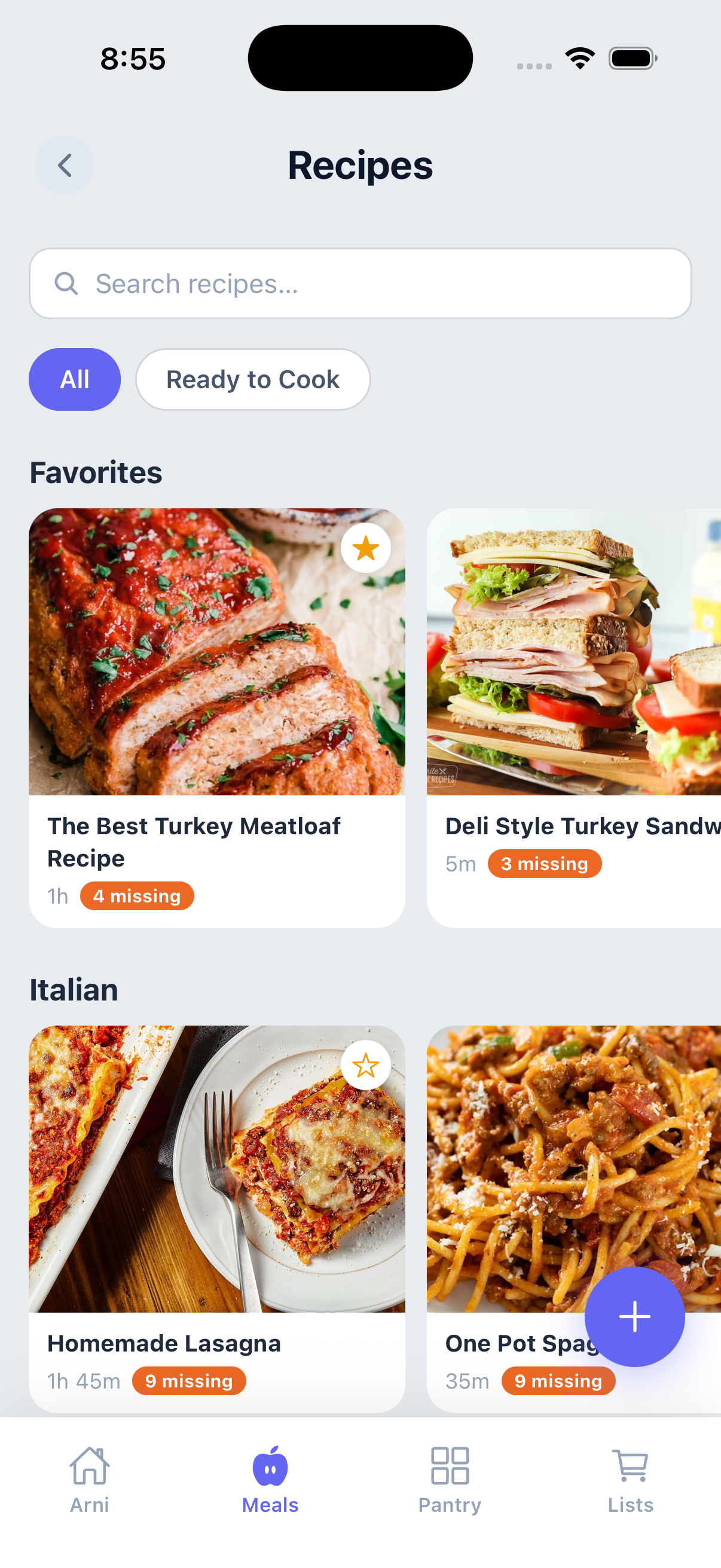 Arni Recipes screen showing favorites and categories